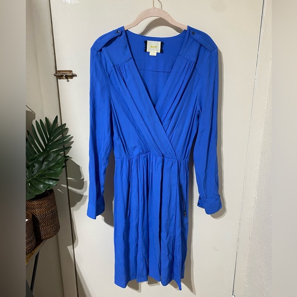Anthropologie Maeve Blue Lene Crepe Faux Wrap Dress Roll tab long sleeve S NWOT - Picture 7 of 10
